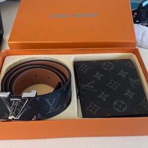 Louis Vuitton Black and Gray Monogram Belt and Wallet Set
